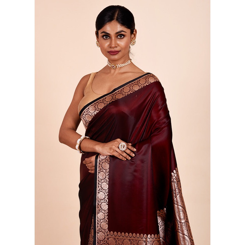 Maroon Banarasi Silk Saree With Blouse Piece - JD986602288