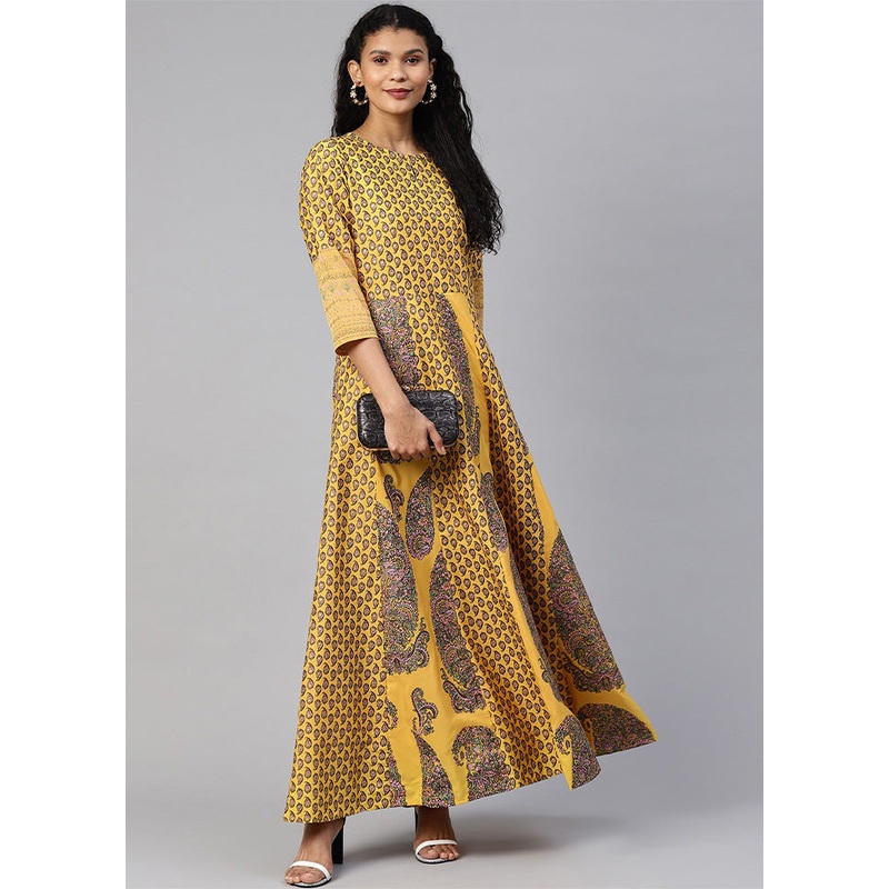 Mustard Readymade Silk Indian Dress - JD986602332