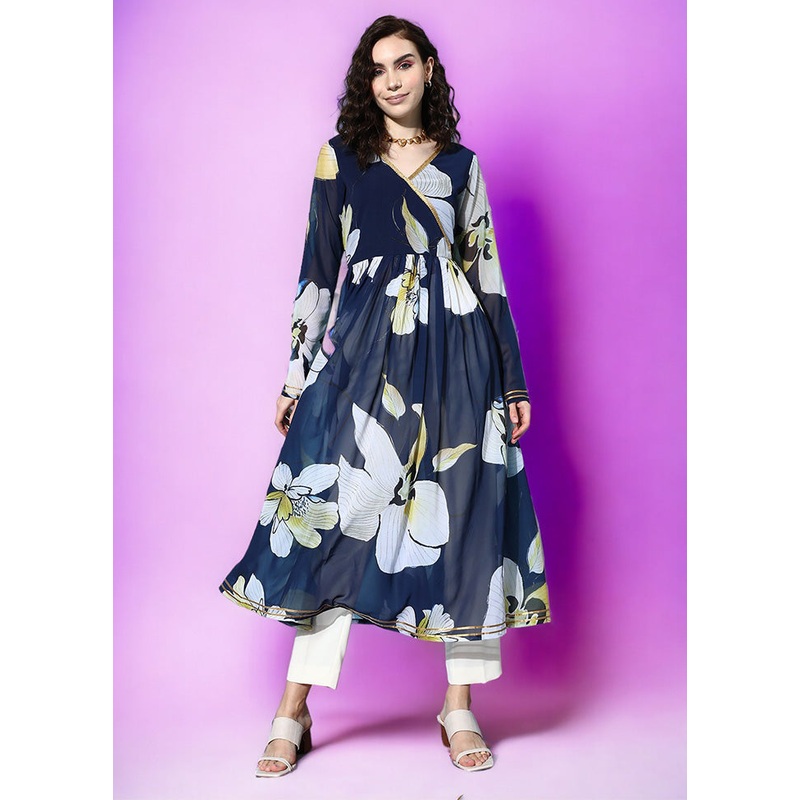 Navy Blue Readymade Georgette Kurti - JD986602342