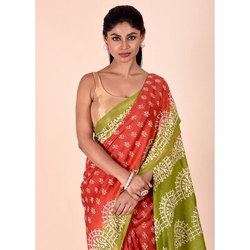 Orange Chanderi Cotton Saree With Blouse Piece - JD986602281