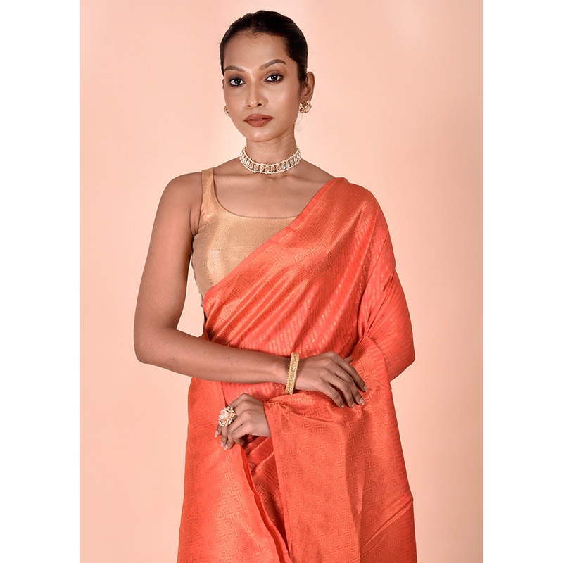 Orange Handloom Kanjivaram Pure Silk Saree With Blouse Piece - JD986602471
