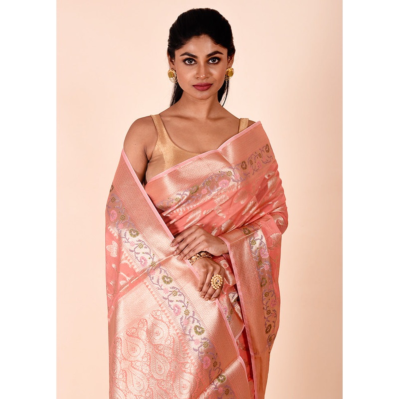 Peach Kota Cotton Saree With Blouse Piece - JD986602278