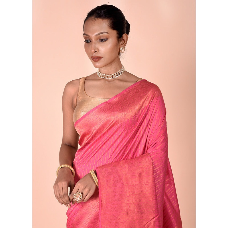 Pink Handloom Kanjivaram Pure Silk Saree With Blouse Piece - JD986602465