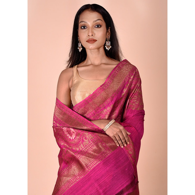 Pink Handloom Tussar Pure Silk Saree With Blouse Piece - JD986602463