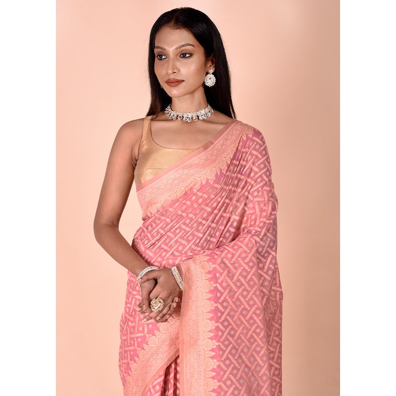 Pink Kora Silk Saree With Blouse Piece - JD986602461