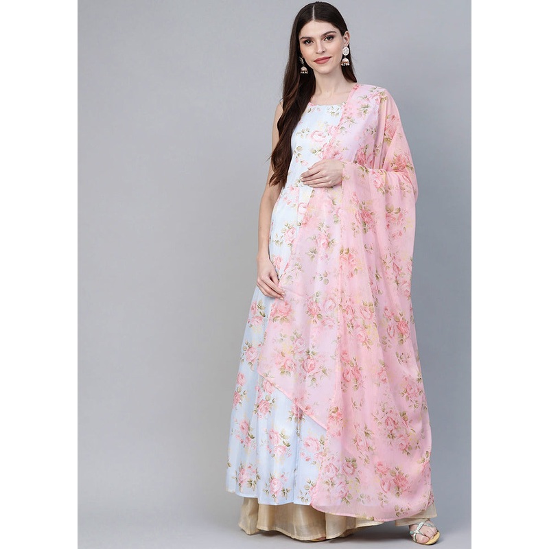 Powder Blue Readymade Silk Indian Dress - JD986602331