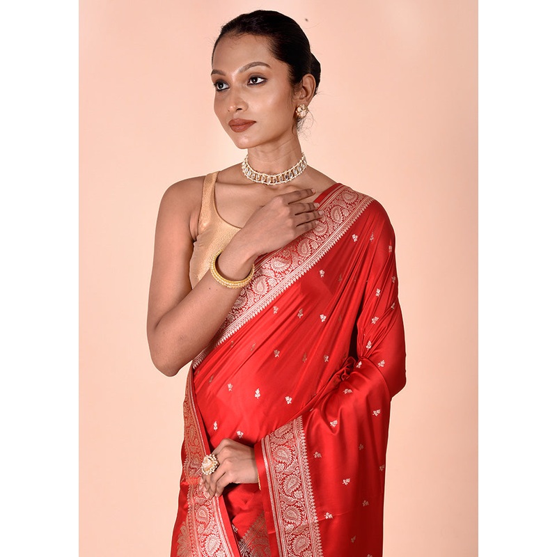 Red Banarasi Silk Saree With Blouse Piece - JD986602452