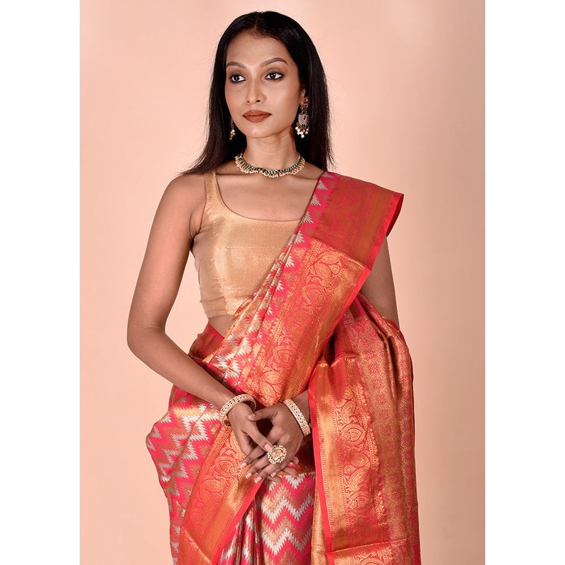 Red Dupion Silk Saree With Blouse Piece - JD986602450