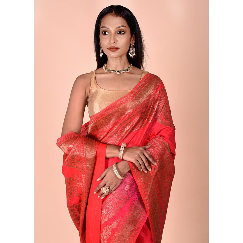 Red Handloom Tussar Pure Silk Saree With Blouse Piece - JD986602449