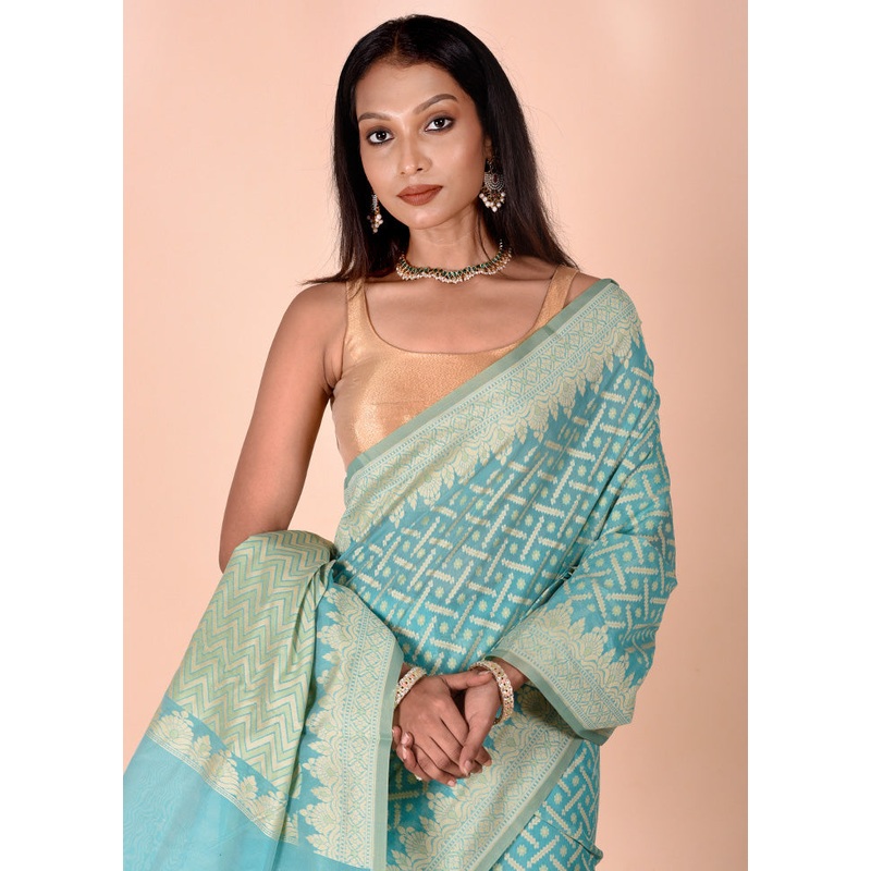 Sky blue Kora Silk Saree With Blouse Piece - JD986602448