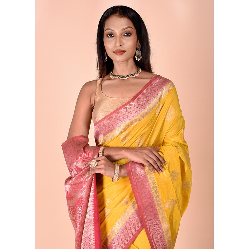 Yellow Dupion Silk Saree With Blouse Piece - JD986602444