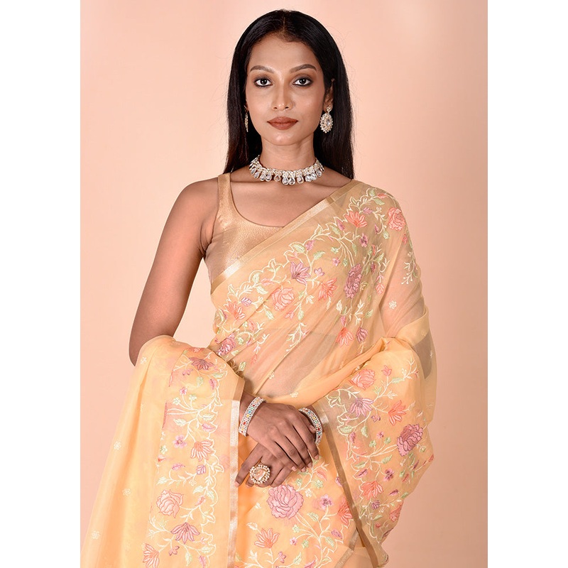Yellow Organza Saree With Blouse Piece - JD986602439