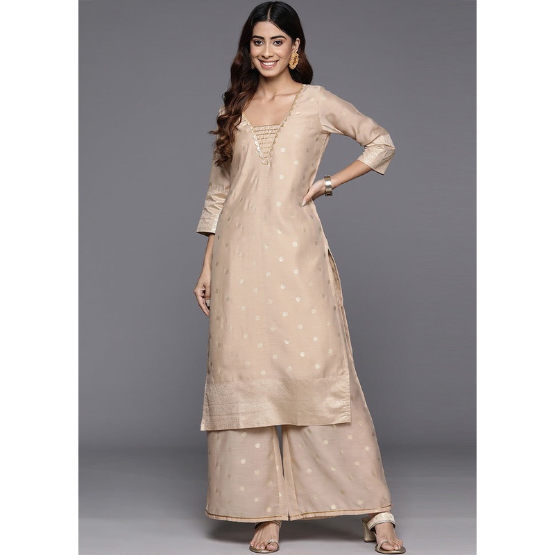 2 Pc Beige Readymade Chanderi Kurti Set - JD986602211