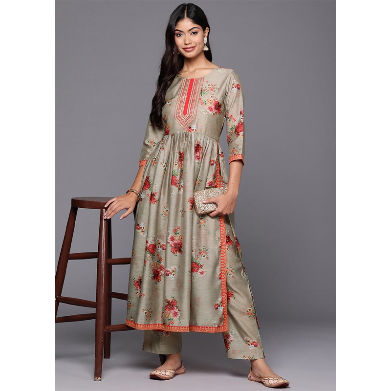 2 Pc Beige Readymade Chanderi Kurti Set - JD986602212