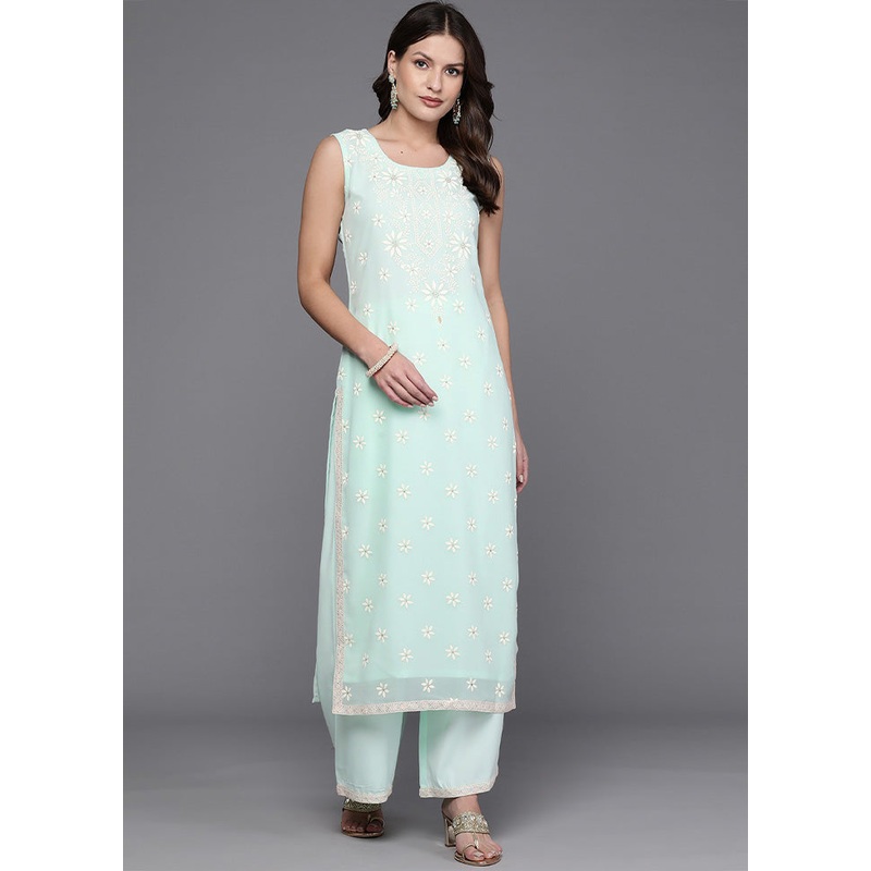 2 Pc Blue Readymade Georgette Kurti Set - JD986602201