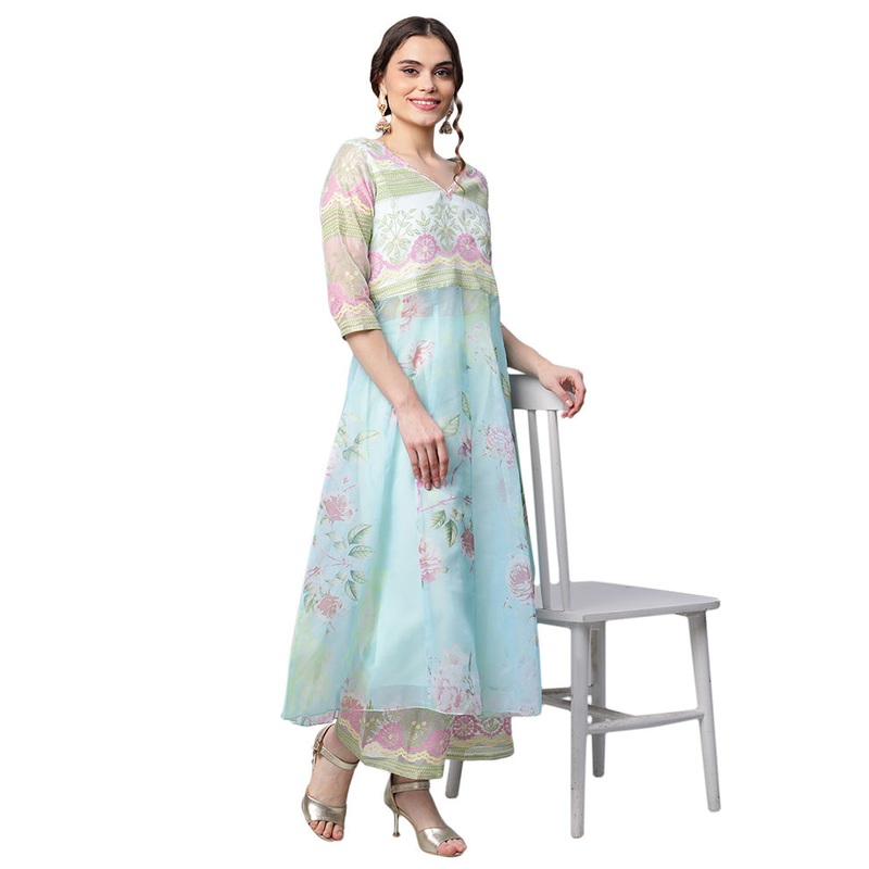 2 Pc Blue Readymade Net Kurti Set - JD986602200