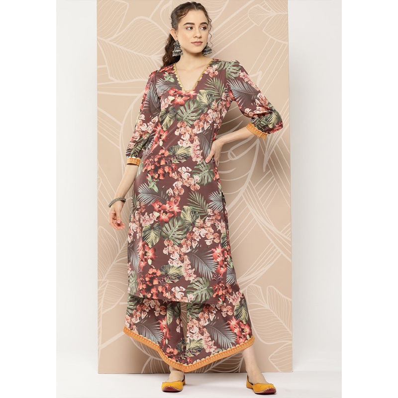 2 Pc Brown Readymade Silk Kurti Set - JD986602196