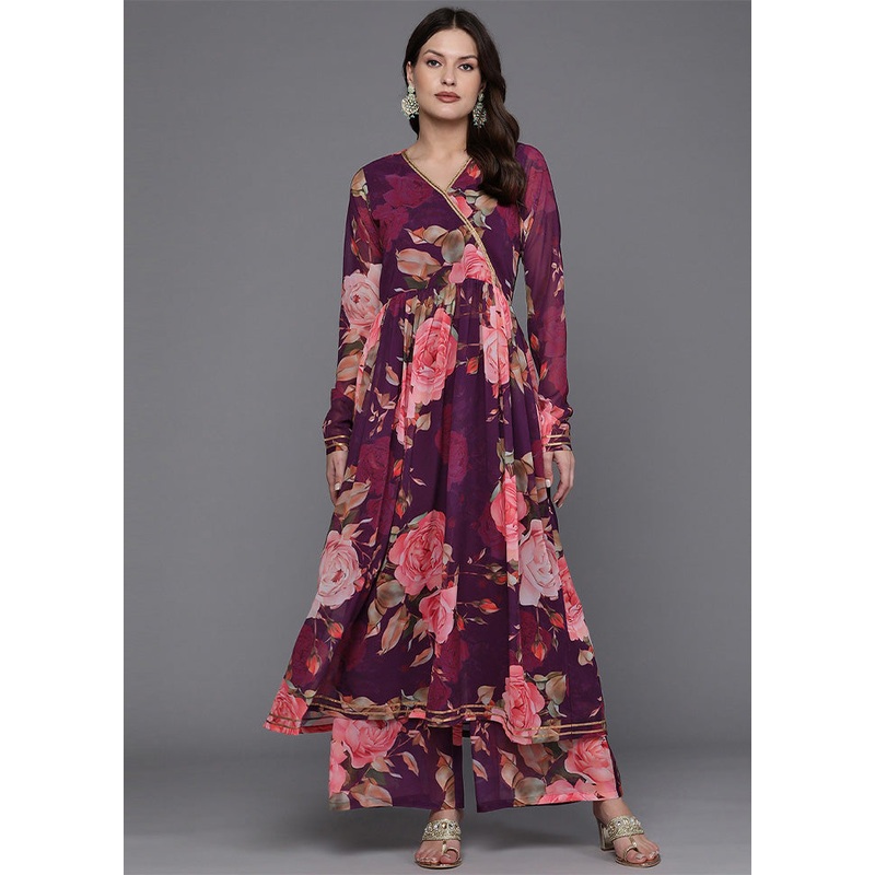 2 Pc Burgundy Readymade Georgette Kurti Set - JD986602193
