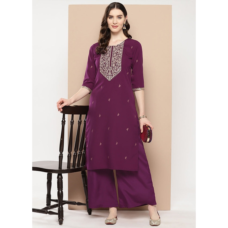2 Pc Burgundy Readymade Silk Kurti Set - JD986602192