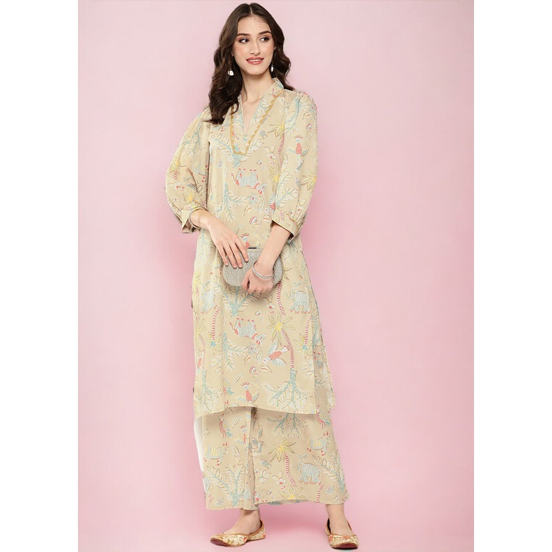 2 Pc Cream Readymade Silk Kurti Set - JD986602187