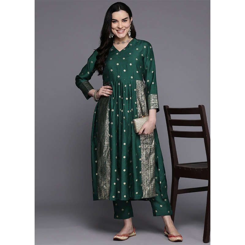 2 Pc Green Readymade Chanderi Kurti Set - JD986602182