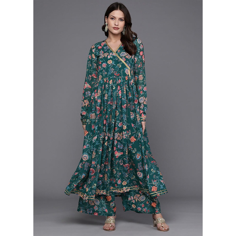 2 Pc Green Readymade Georgette Kurti Set - JD986602180