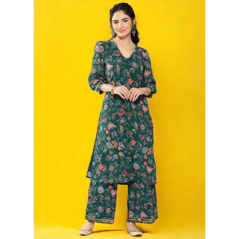 2 Pc Green Readymade Georgette Kurti Set - JD986602181