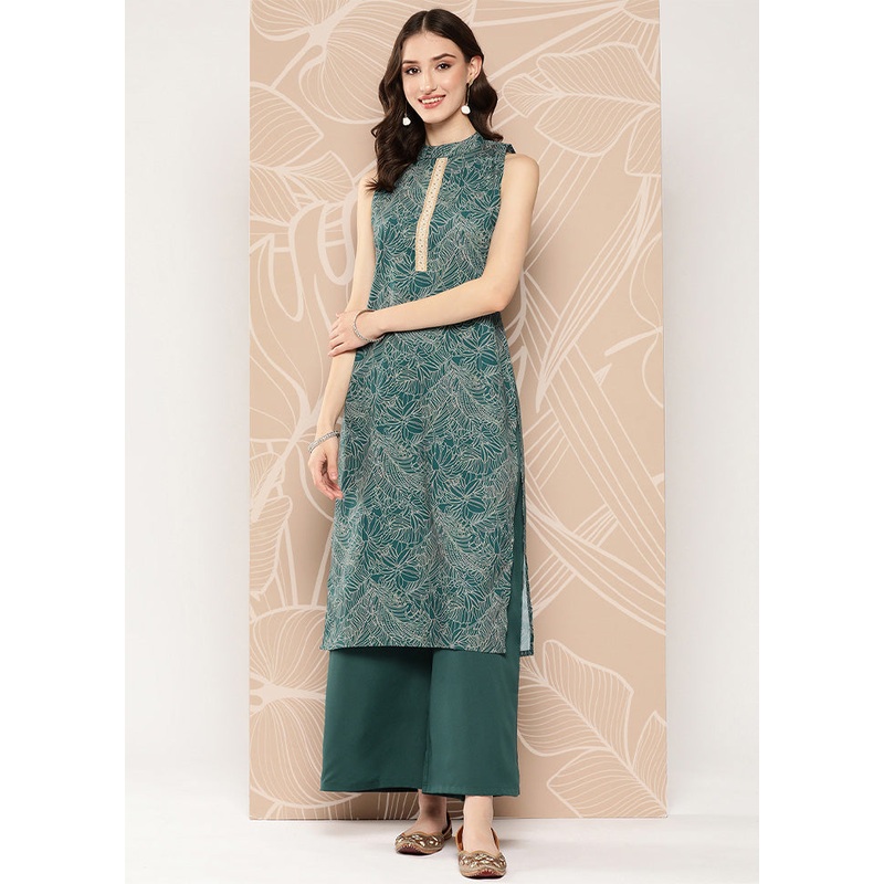 2 Pc Green Readymade Silk Kurti Set - JD986602179