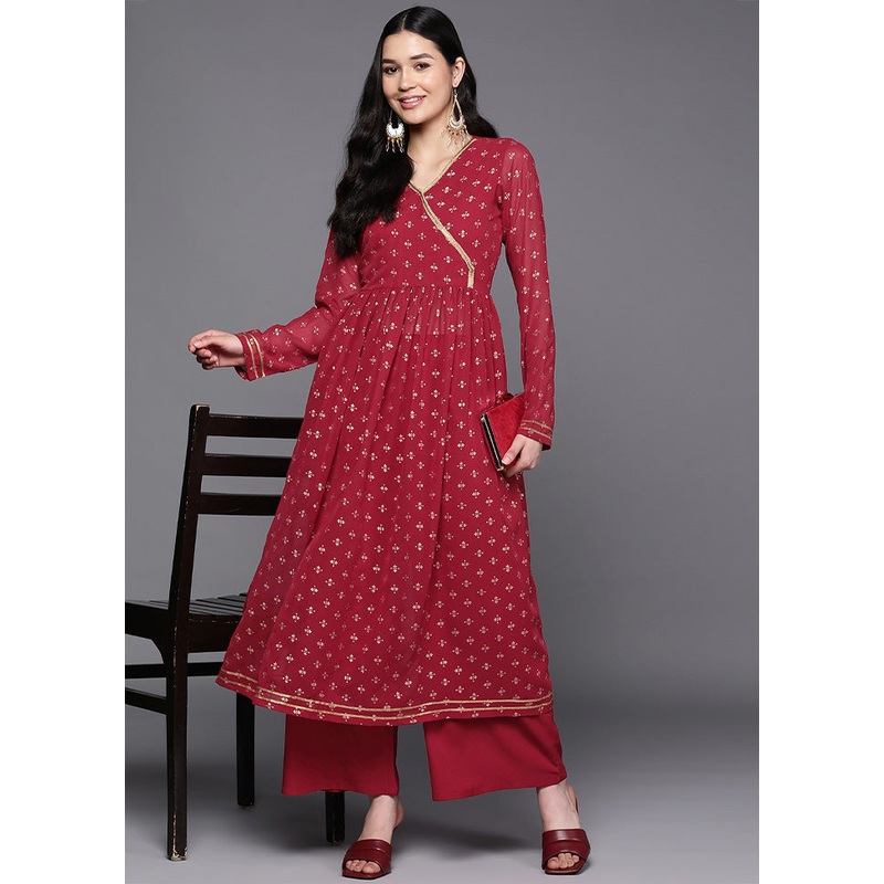 2 Pc Maroon Readymade Georgette Kurti Set - JD986602172