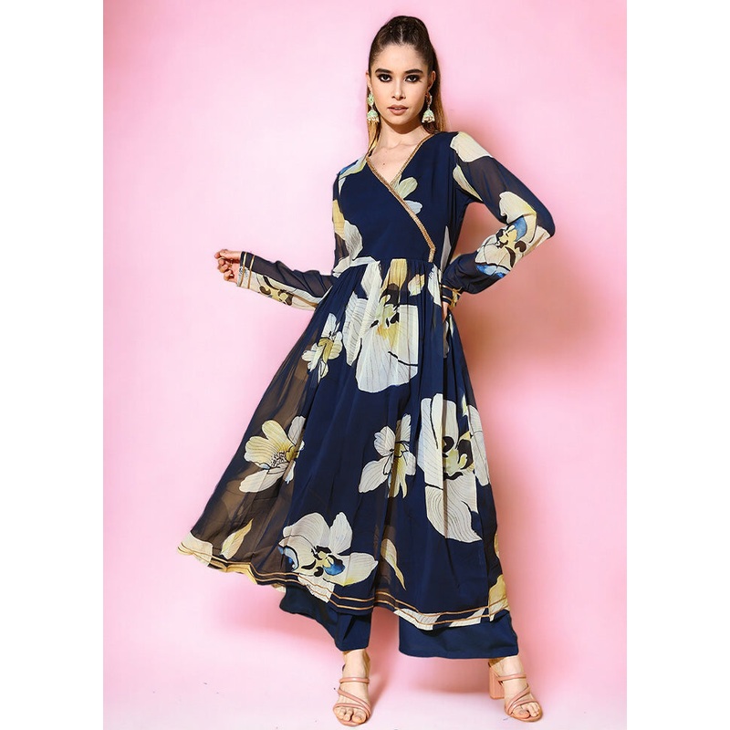 2 Pc Navy Blue Readymade Georgette Kurti Set - JD986602165