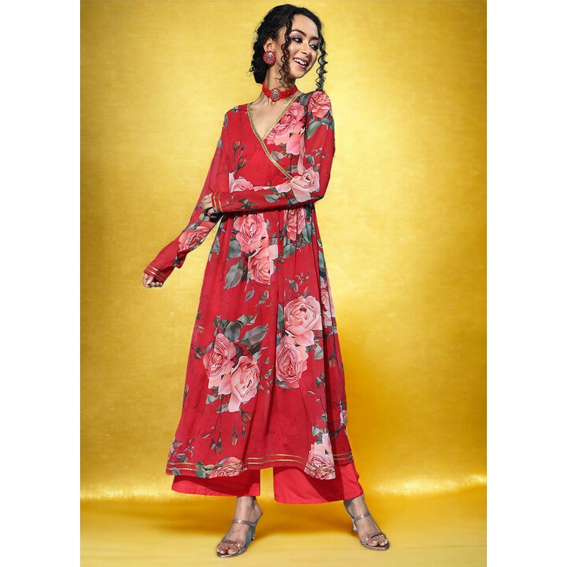 2 Pc Red Readymade Georgette Kurti Set - JD986602142