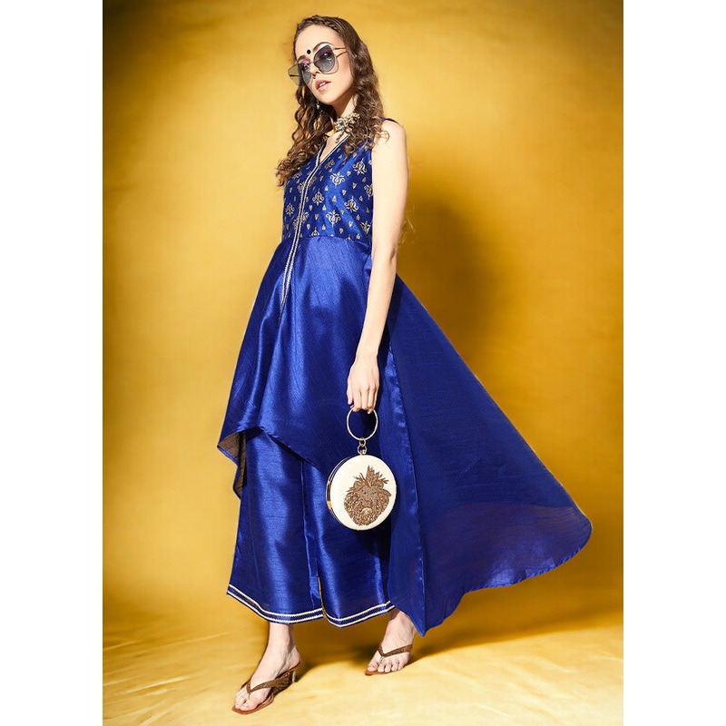 2 Pc Royal Blue Readymade Silk Kurti Set - JD986602141