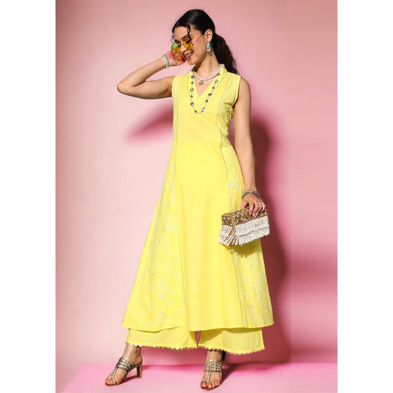 2 Pc Yellow Readymade Cotton Kurti Set - JD986602134