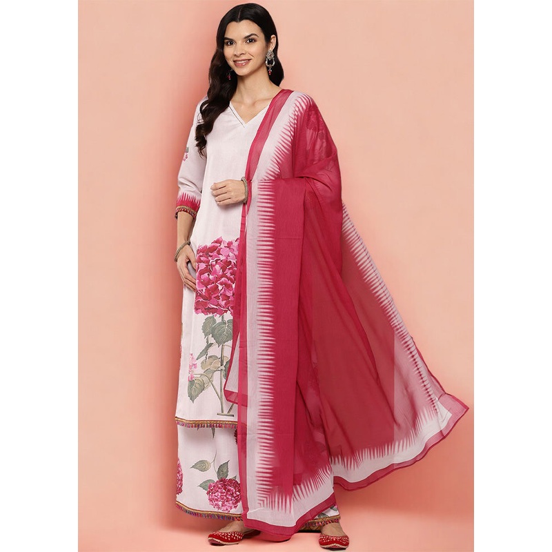 3 Pc Beige Readymade Cotton Dupatta Suit Set - JD986602133