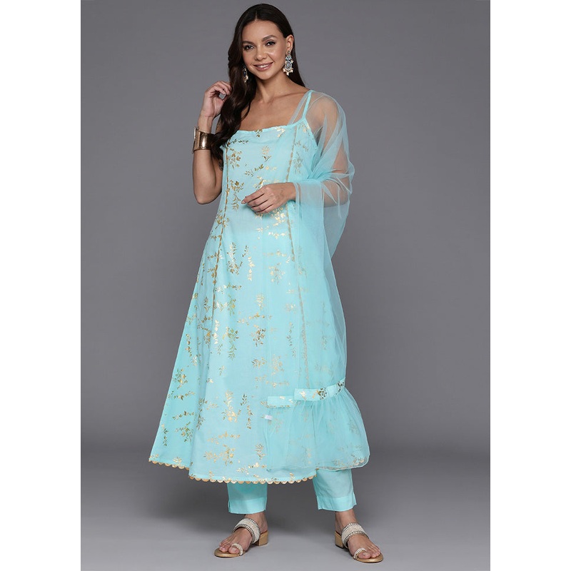 3 Pc Blue Pure Readymade Cotton Dupatta Suit Set - JD986602132