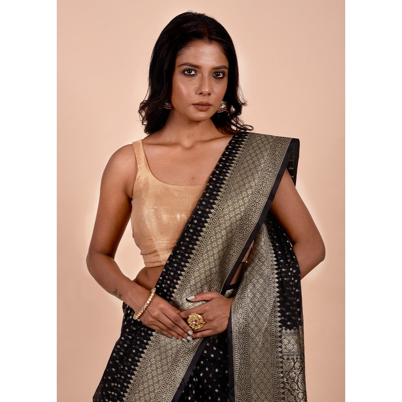 Black Kora Silk Saree With Blouse Piece - JD986602247