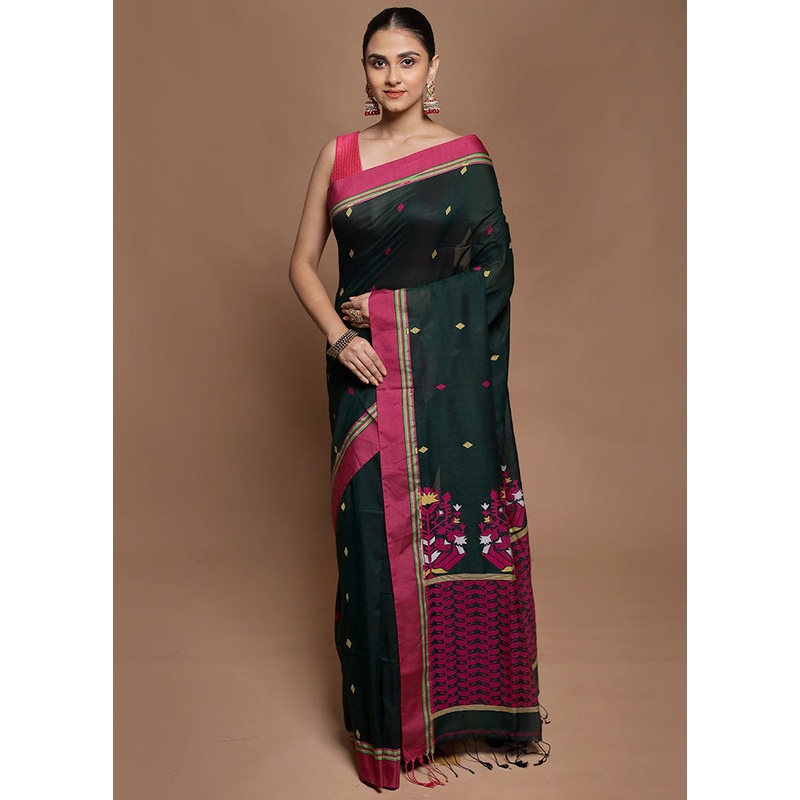 Green Cotton Saree With Blouse Piece - JD986602128