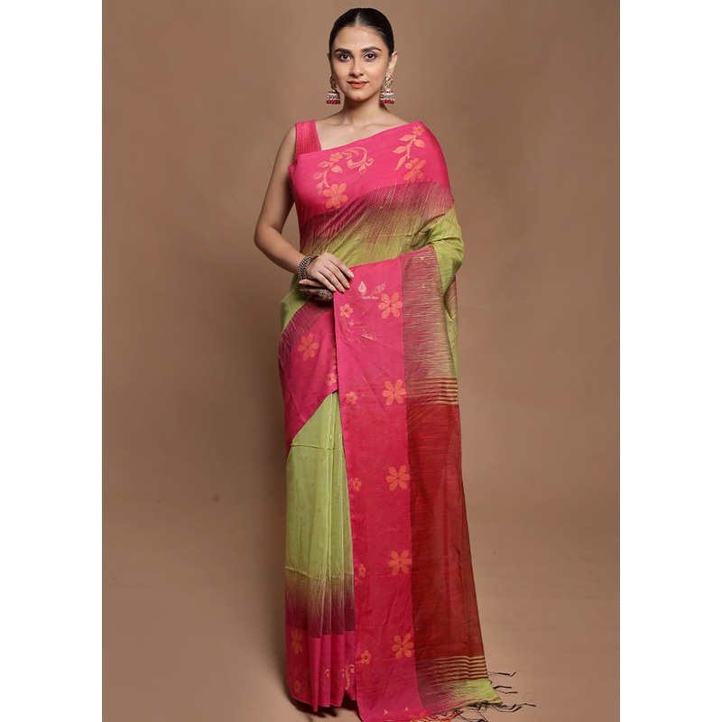 Green Cotton Saree With Blouse Piece - JD986602130