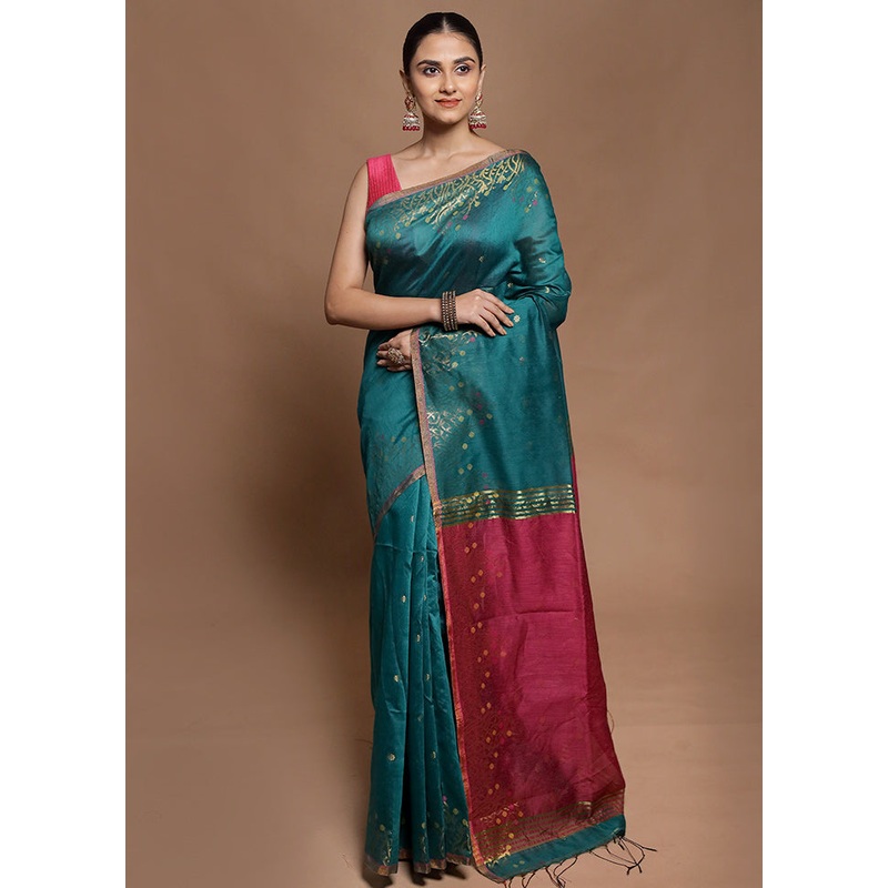 Green Cotton Saree With Blouse Piece - JD986602131