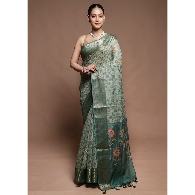 Green Dupion Silk Saree With Blouse Piece - JD986602126
