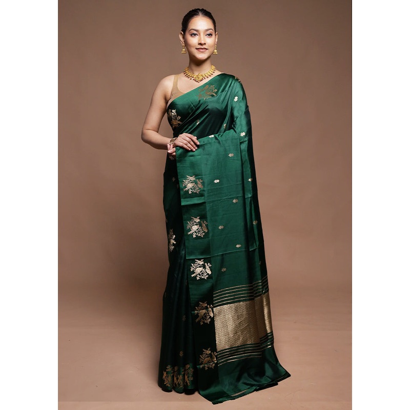 Green Handloom Katan Pure Silk Saree With Blouse Piece - JD986602125