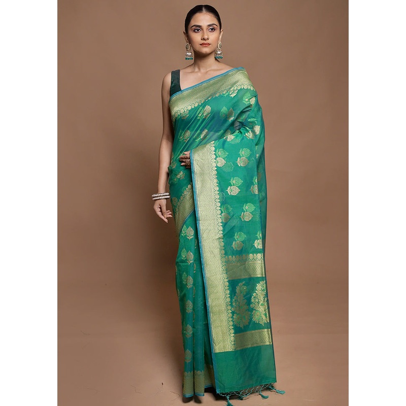 Green Kora Silk Saree With Blouse Piece - JD986602121