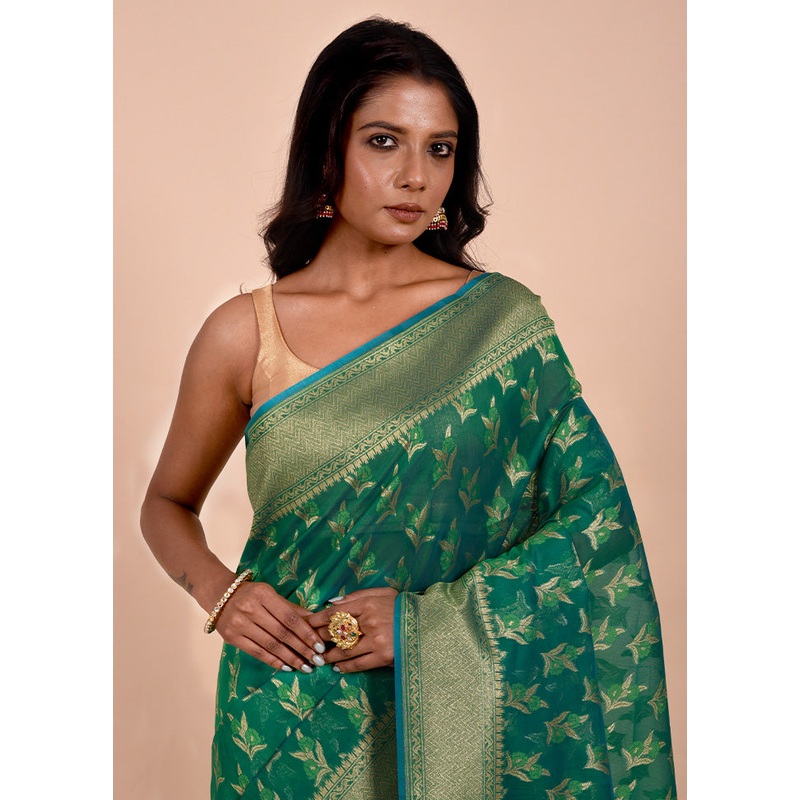 Green Kora Silk Saree With Blouse Piece - JD986602238