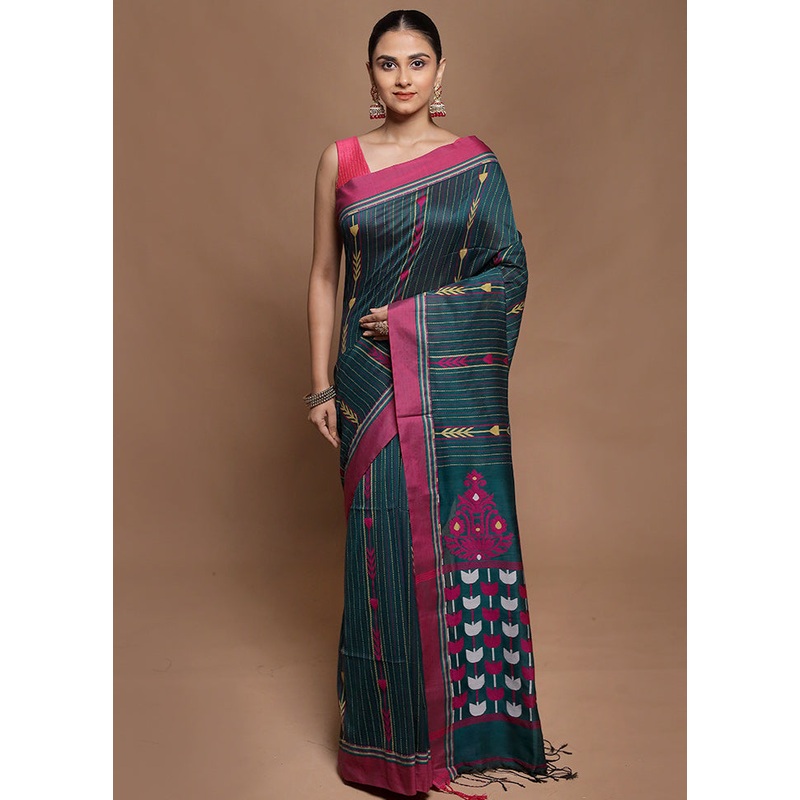 Green Pure Cotton Saree With Blouse Piece - JD986602118