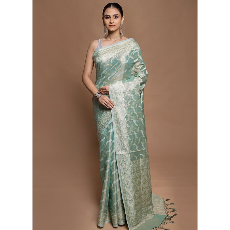 Green Tissue Silk Saree With Blouse Piece - JD986602117