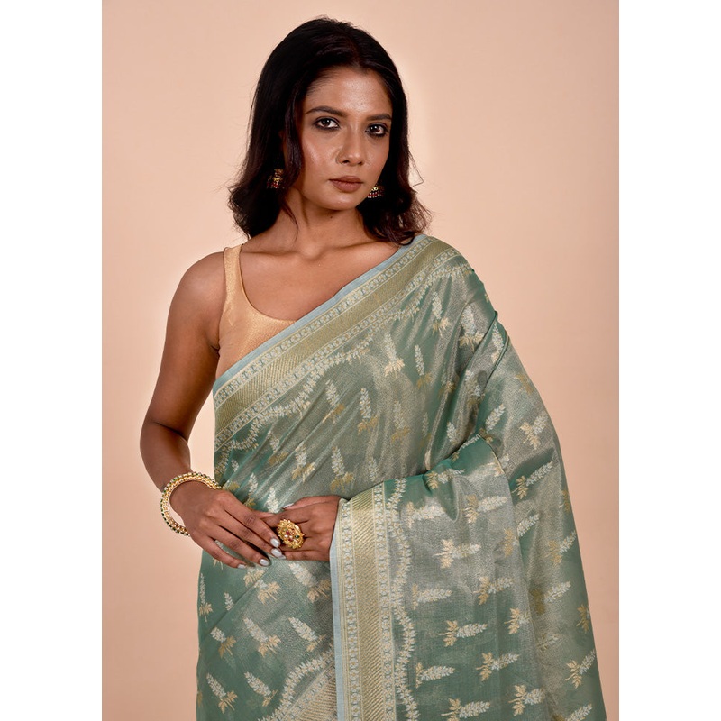 Green Tissue Silk Saree With Blouse Piece - JD986602237