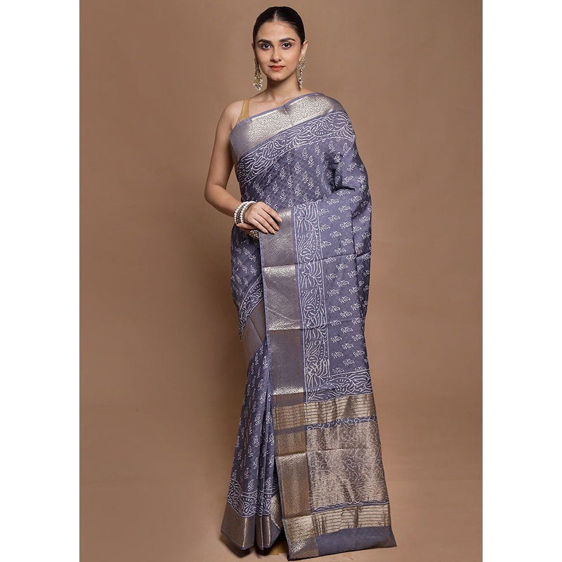 Grey Chanderi Cotton Saree With Blouse Piece - JD986602114