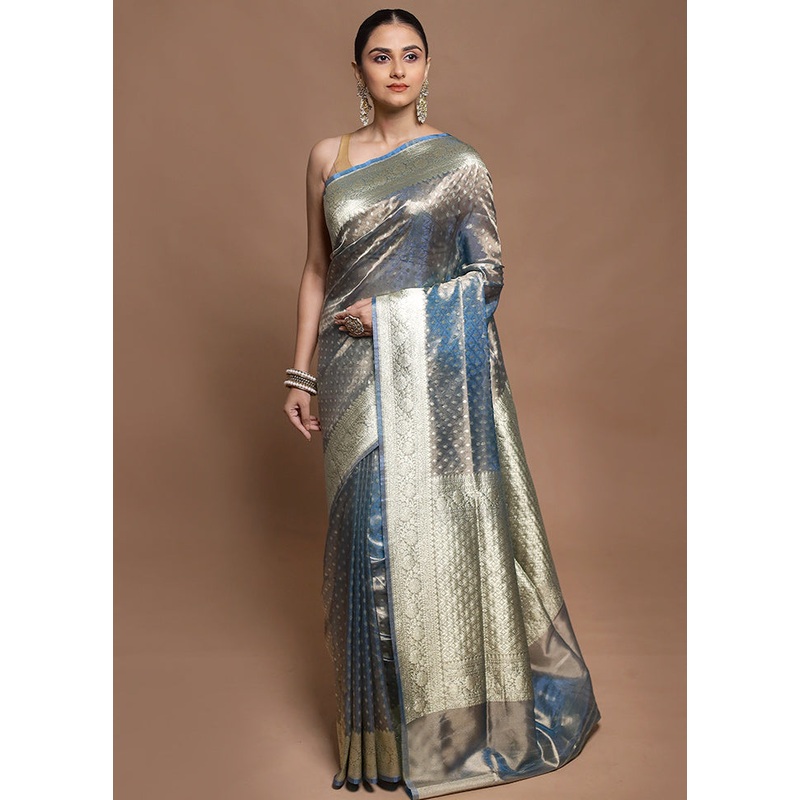 Grey Tissue Silk Saree With Blouse Piece - JD986602112