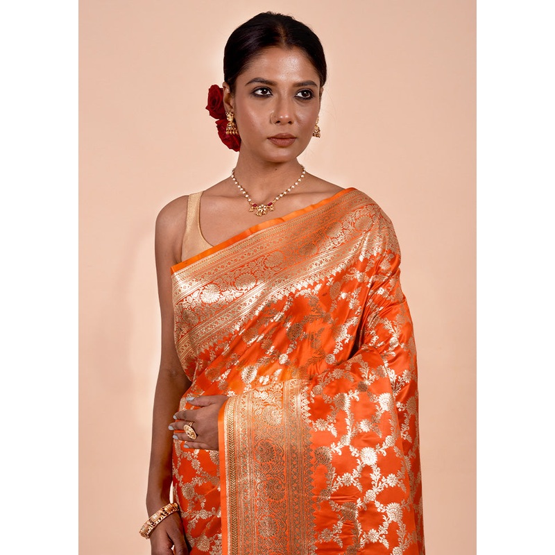 Orange Banarasi Silk Saree With Blouse Piece - JD986602232