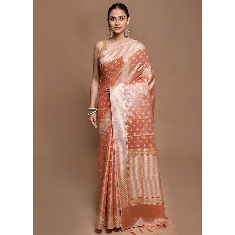Peach Tissue Silk Saree With Blouse Piece - JD986602105